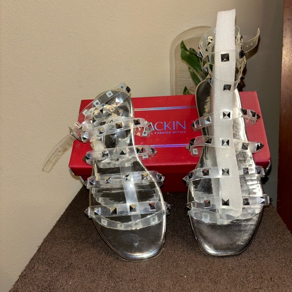 Mackin J silver sandals; clear with silver pointed studs; nice and comfortable - Picture 2 of 16